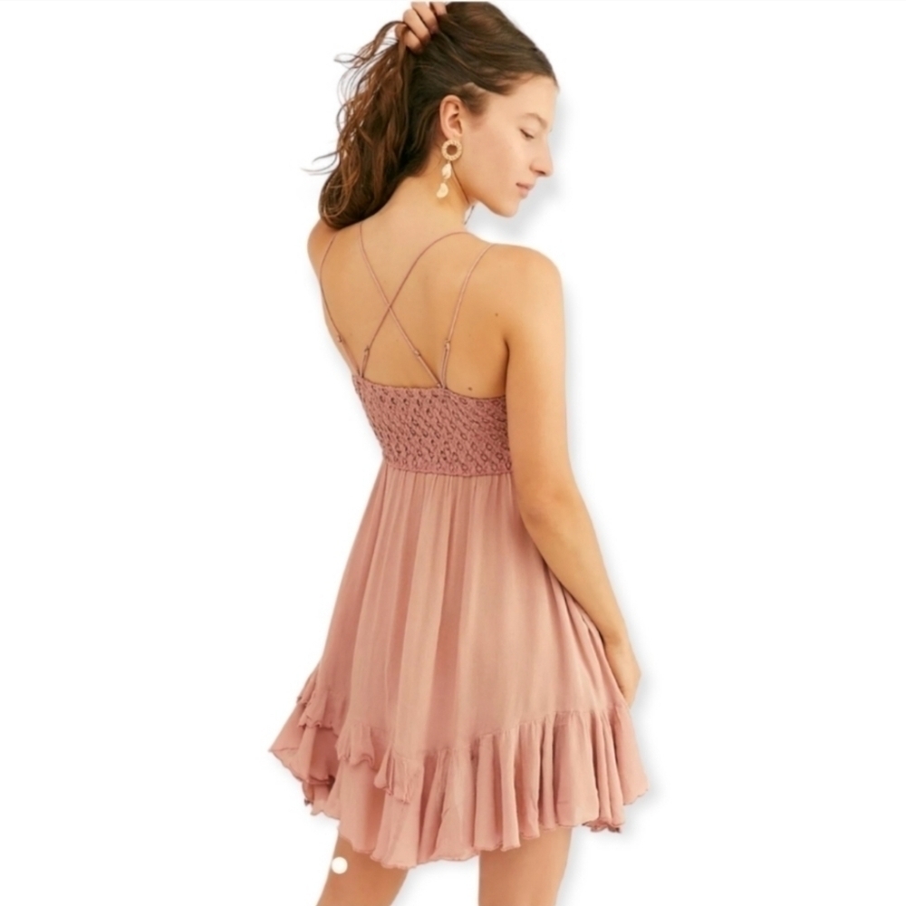 Free People Blush Pink Lace-Trim Ruffle Mini Dress - Picture 3 of 9